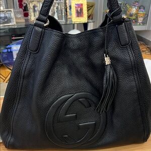 Gucci Black Pebbled Leather Shoulder Tote with Tassel Accent